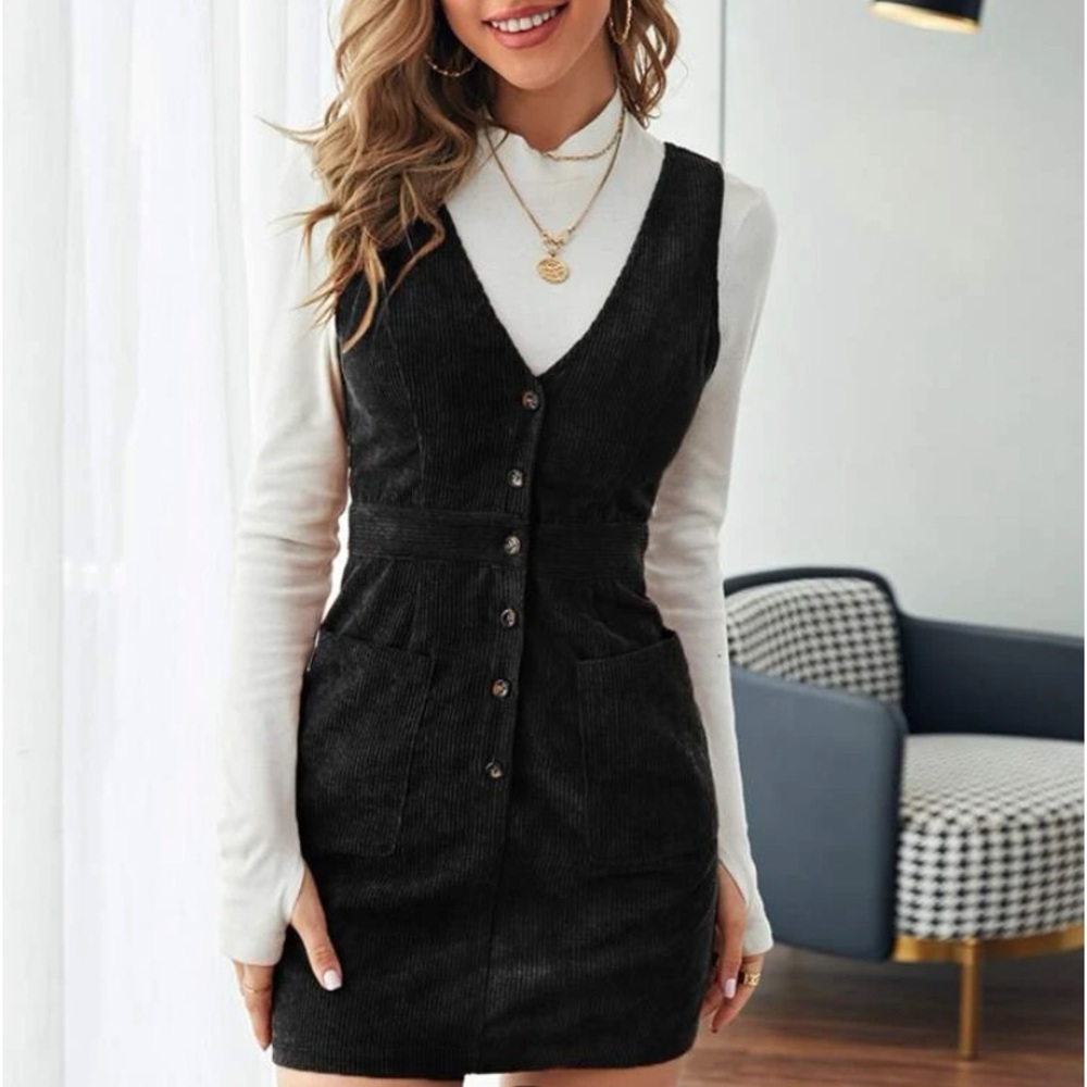 Black overall button up dress